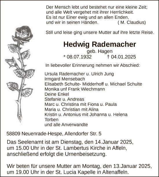 Traueranzeige von Hedwig Rademacher von WA