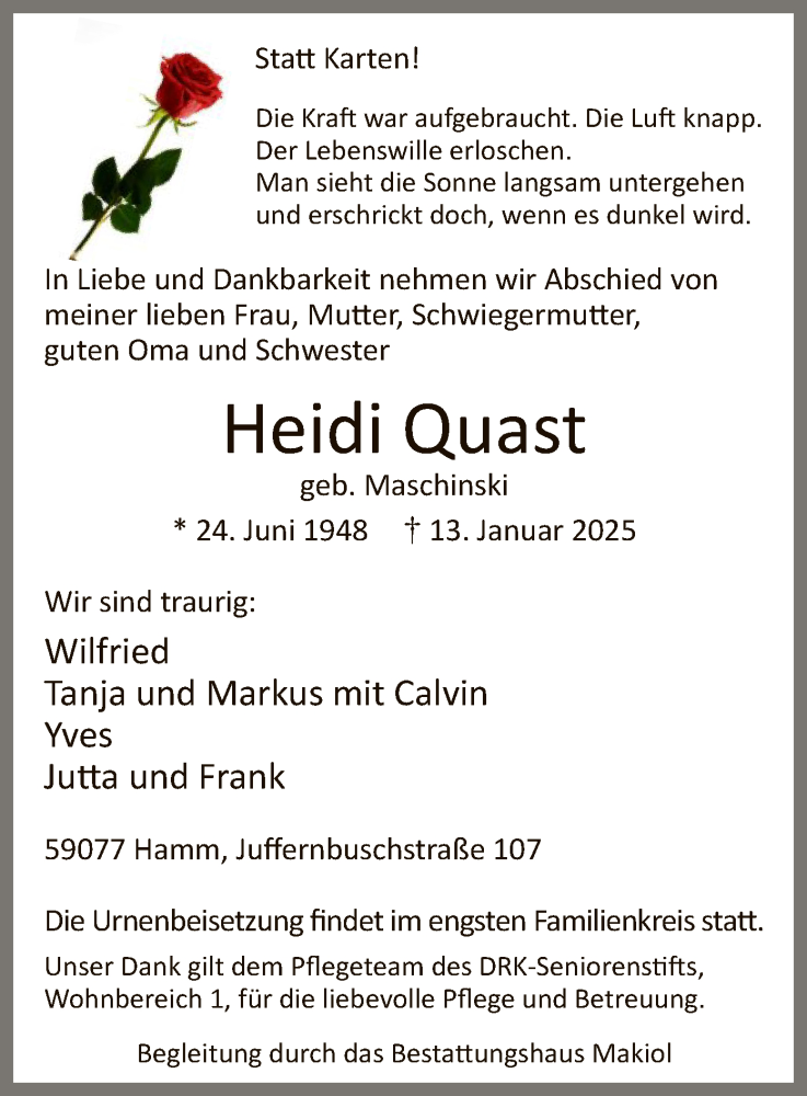  Traueranzeige für Heidi Quast vom 25.01.2025 aus WA