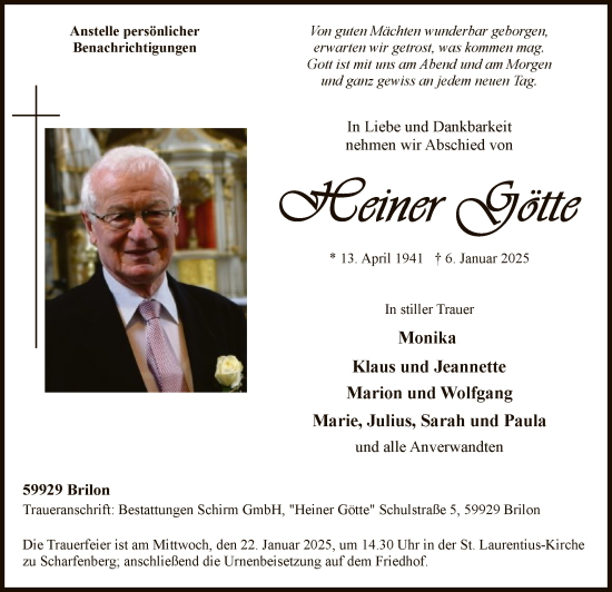 Traueranzeige von Heiner Götte von WA