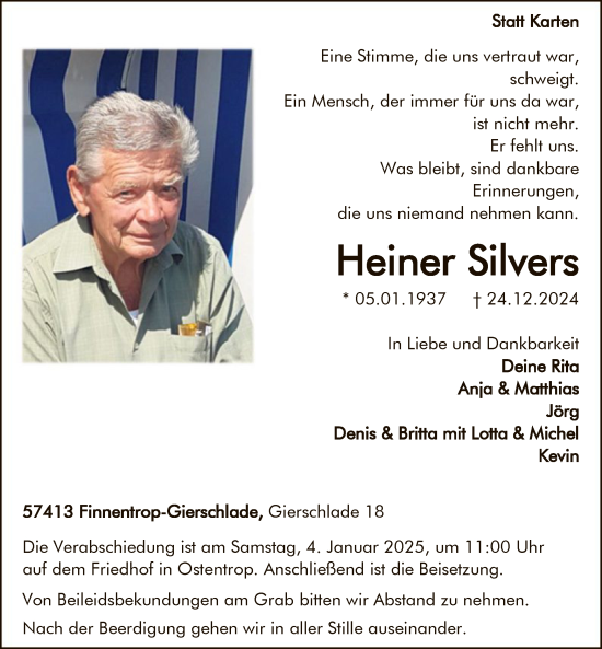 Traueranzeige von Heiner Silvers von WA