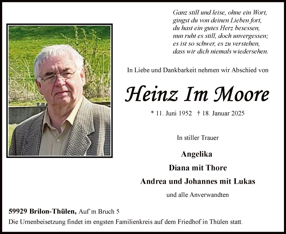  Traueranzeige für Heinz Im Moore vom 25.01.2025 aus WA
