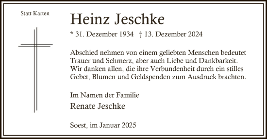Traueranzeige von Heinz Jeschke von WA