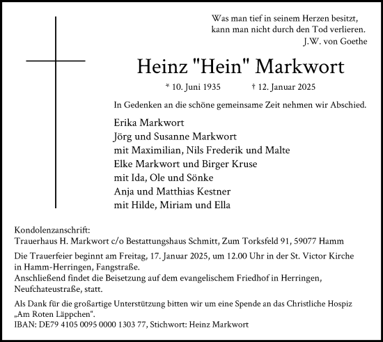 Traueranzeige von Heinz Markwort von WA