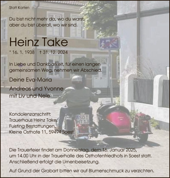 Traueranzeige von Heinz Take von WA