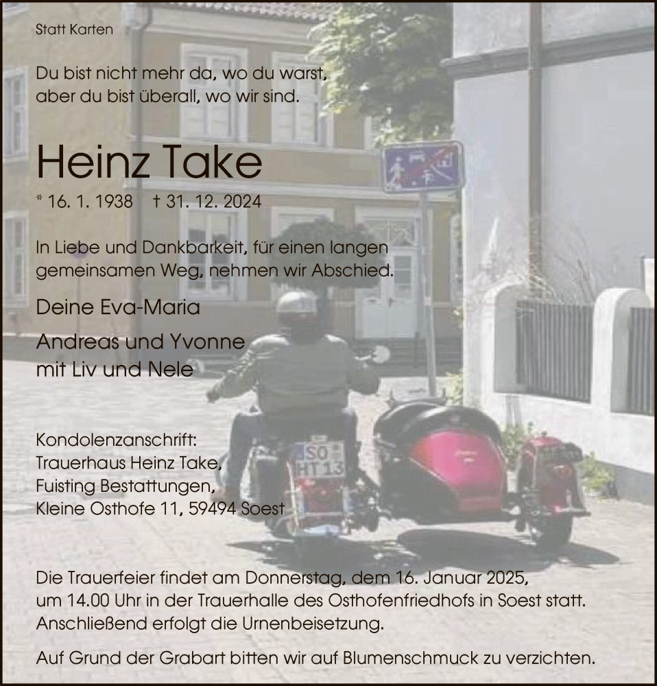  Traueranzeige für Heinz Take vom 04.01.2025 aus WA