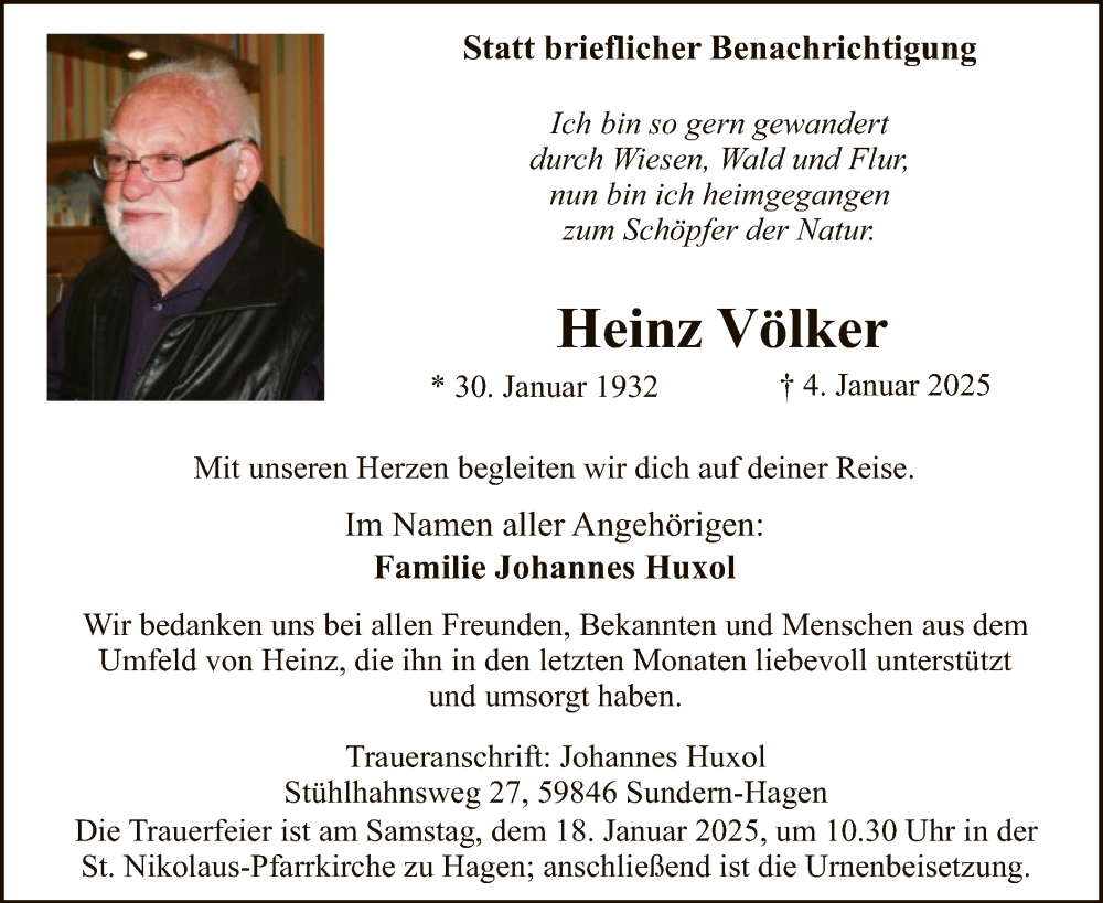  Traueranzeige für Heinz Völker vom 11.01.2025 aus WA