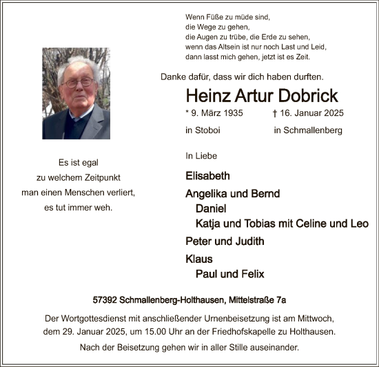 Traueranzeige von Heinz Artur Dobrick von WA