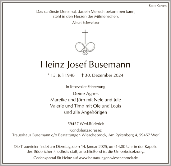 Traueranzeige von Heinz Josef Busemann von WA