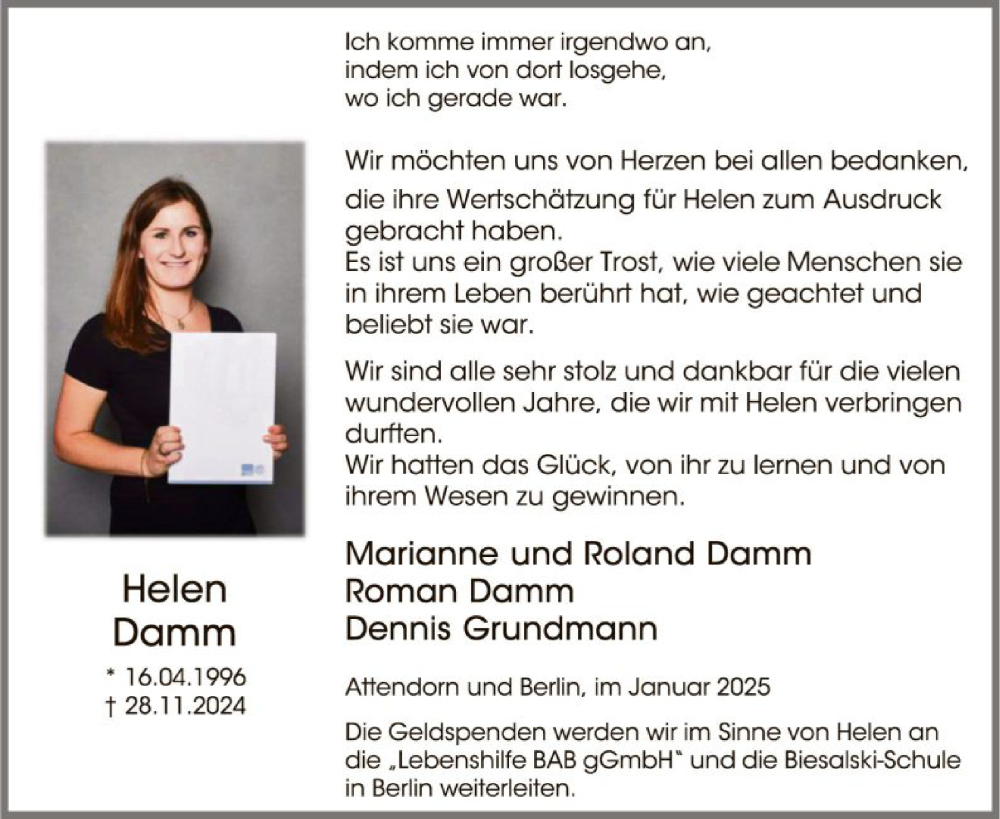  Traueranzeige für Helen Damm vom 18.01.2025 aus WA