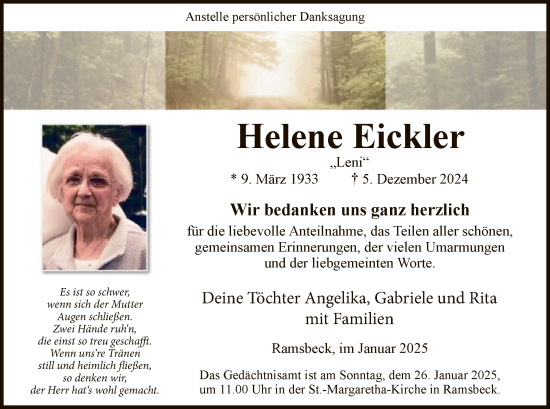 Traueranzeige von Helene Eickler von WA