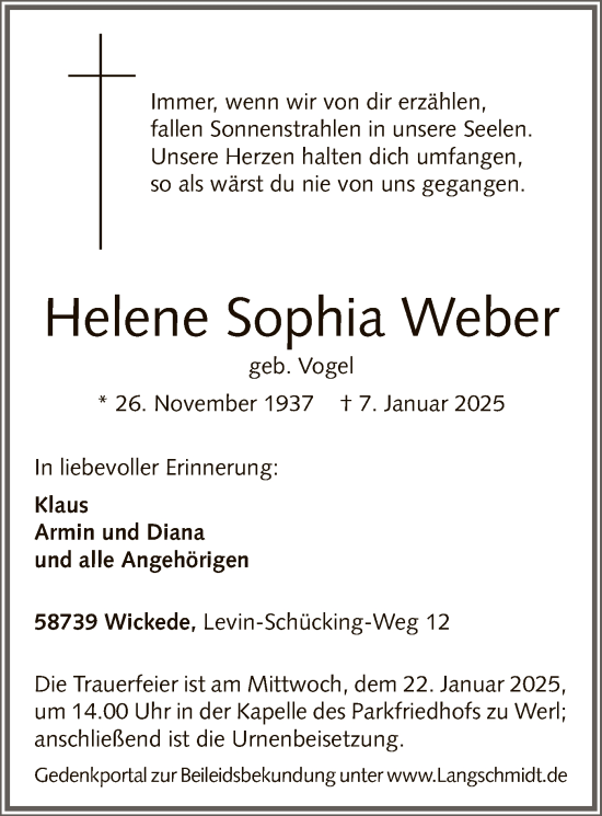 Traueranzeige von Helene Sophia Weber von WA