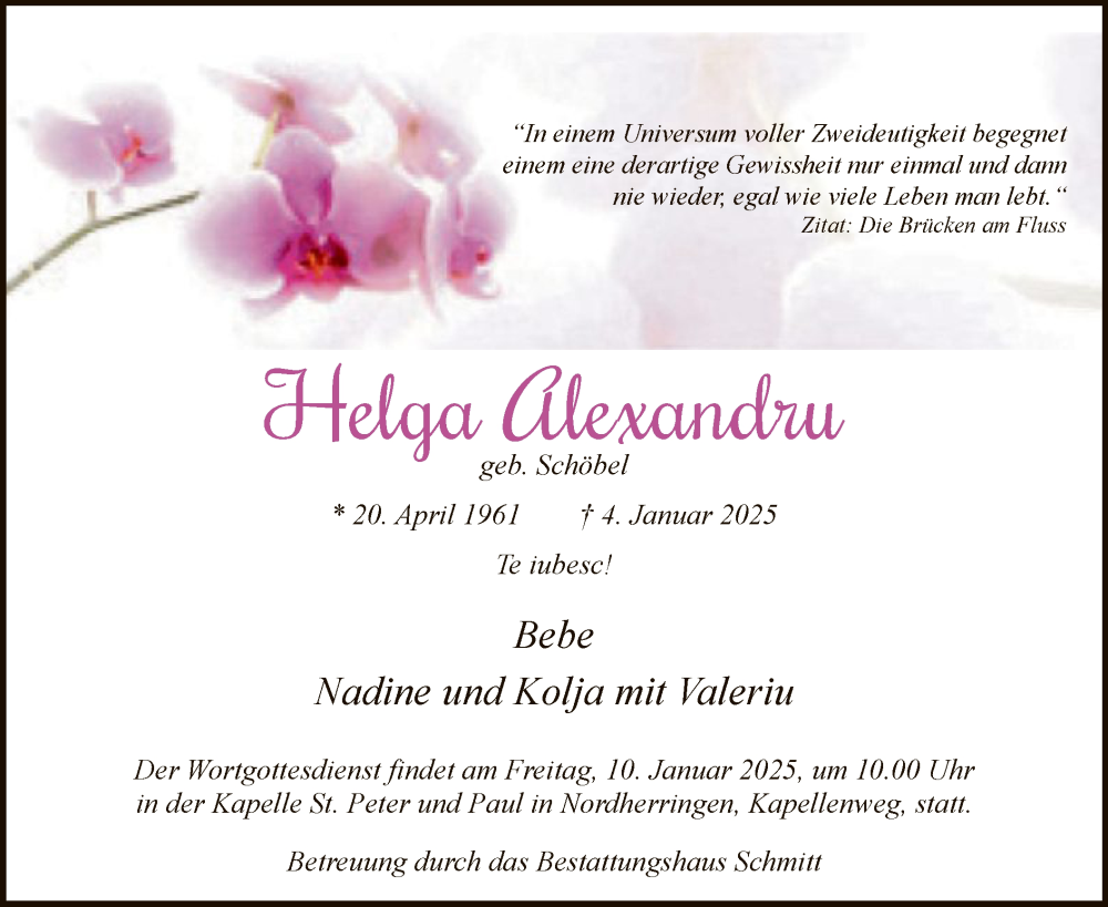  Traueranzeige für Helga Alexandru vom 08.01.2025 aus WA