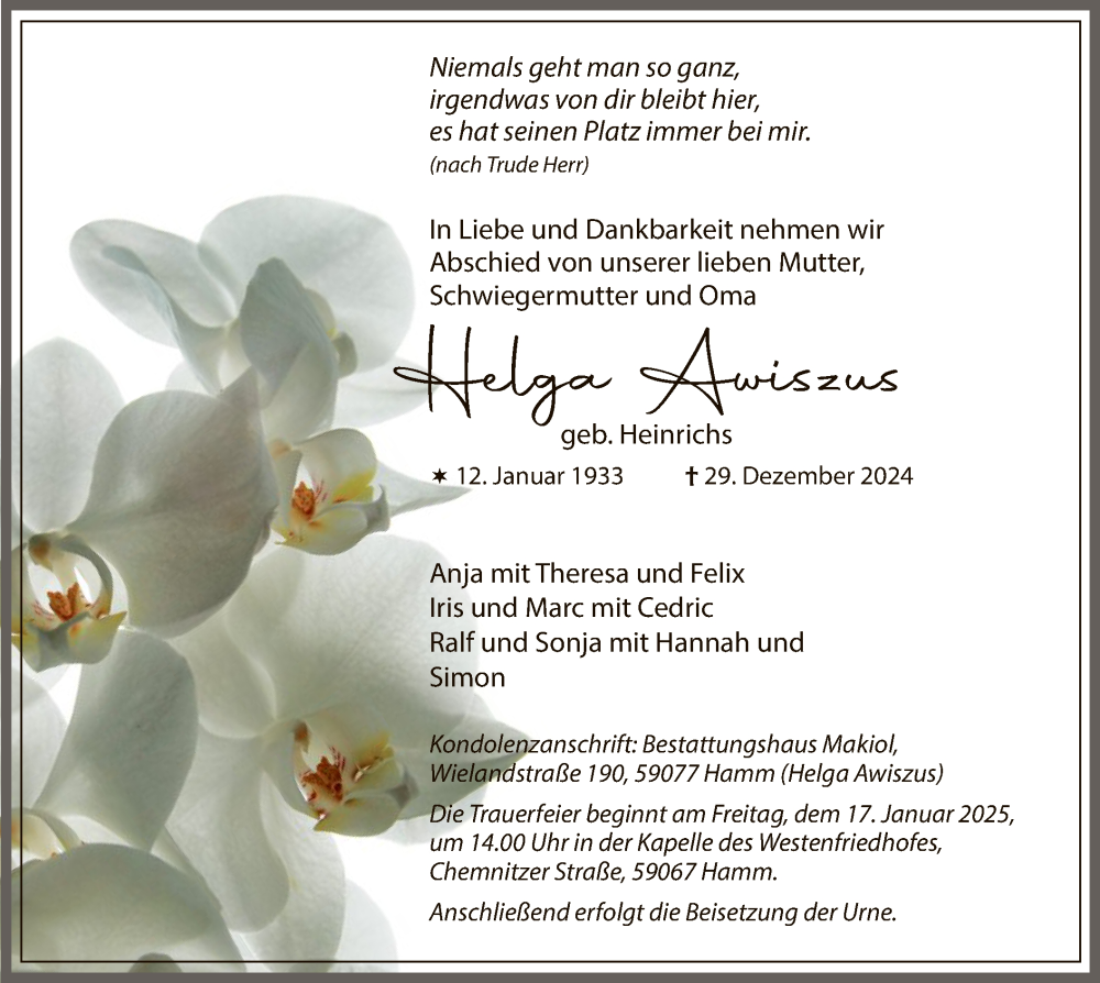  Traueranzeige für Helga Awiszus vom 11.01.2025 aus WA