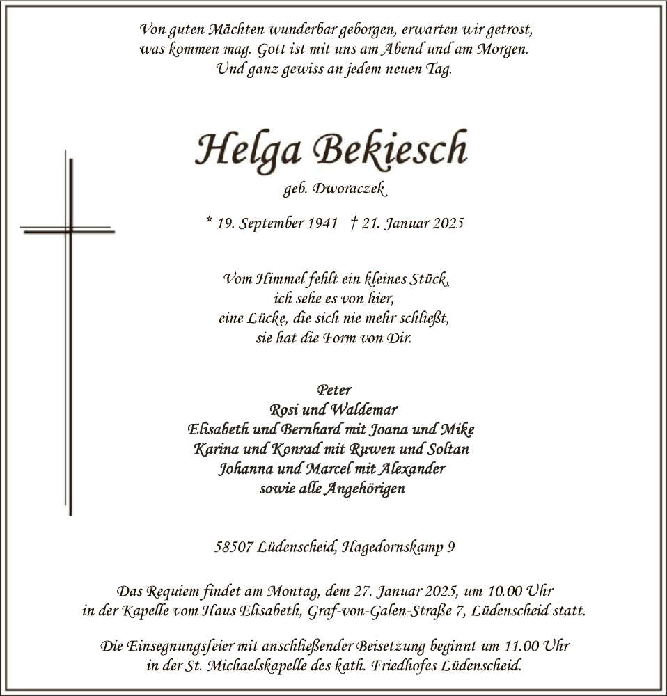  Traueranzeige für Helga Bekiesch vom 23.01.2025 aus WA