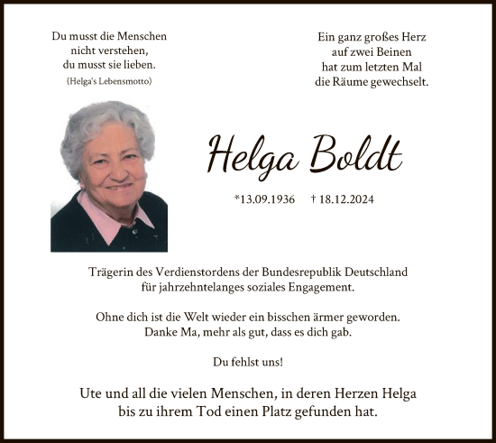 Traueranzeige von Helga Boldt von WA