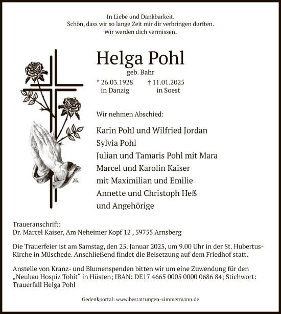 Traueranzeige von Helga Pohl von WA