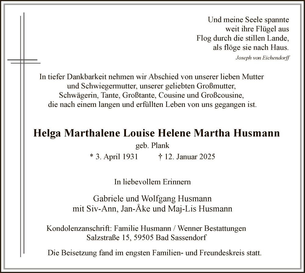  Traueranzeige für Helga Marthalene Louise Helene Martha Husmann vom 25.01.2025 aus WA