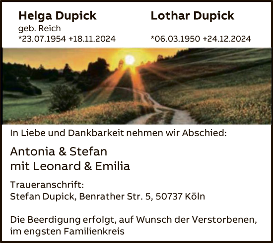 Traueranzeige von Helga und Lothar Dupick von WA