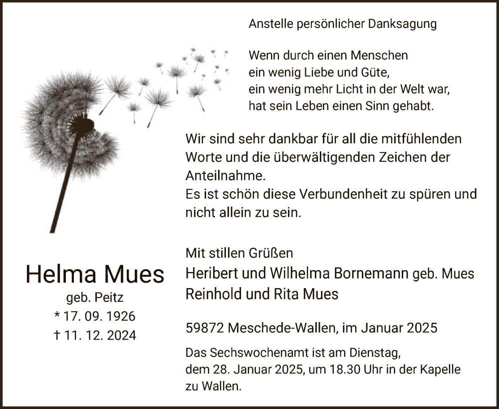  Traueranzeige für Helma Mues vom 18.01.2025 aus WA