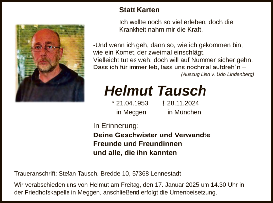 Traueranzeige von Helmut Tausch von WA