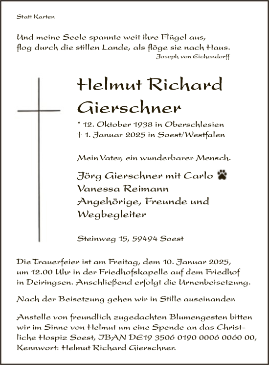 Traueranzeige von Helmut Richard Gierschner von WA