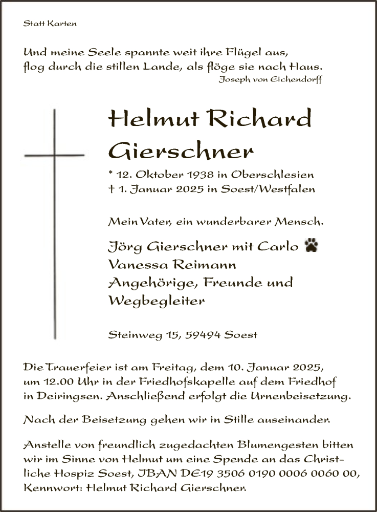  Traueranzeige für Helmut Richard Gierschner vom 04.01.2025 aus WA