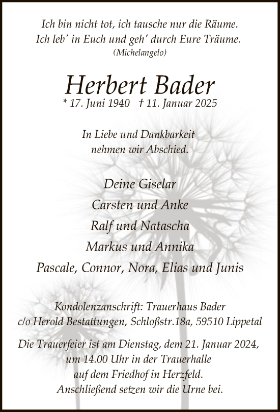 Traueranzeige von Herbert Bader von WA