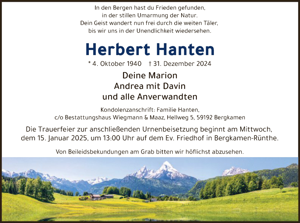  Traueranzeige für Herbert Hanten vom 11.01.2025 aus WA