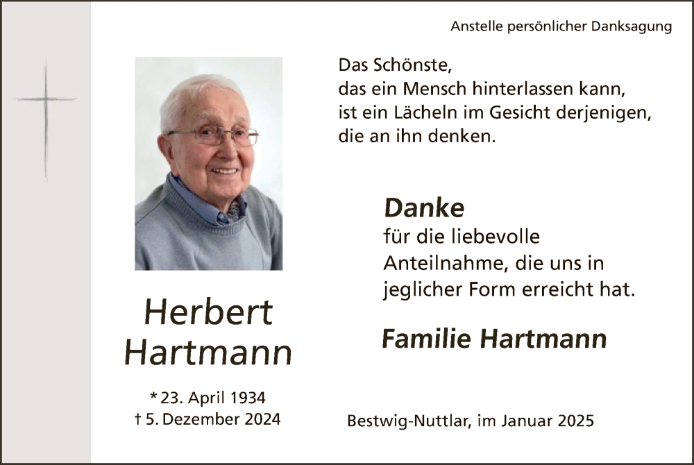  Traueranzeige für Herbert Hartmann vom 11.01.2025 aus WA