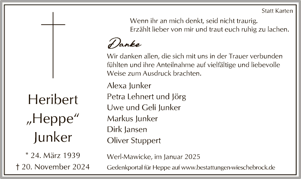  Traueranzeige für Heribert Junker vom 11.01.2025 aus WA