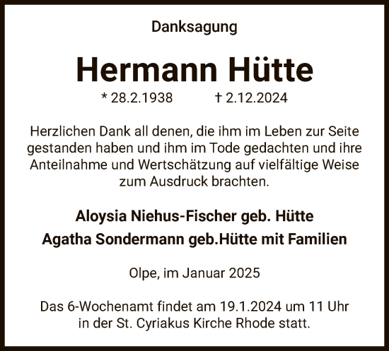 Traueranzeige von Hermann Hütte von WA