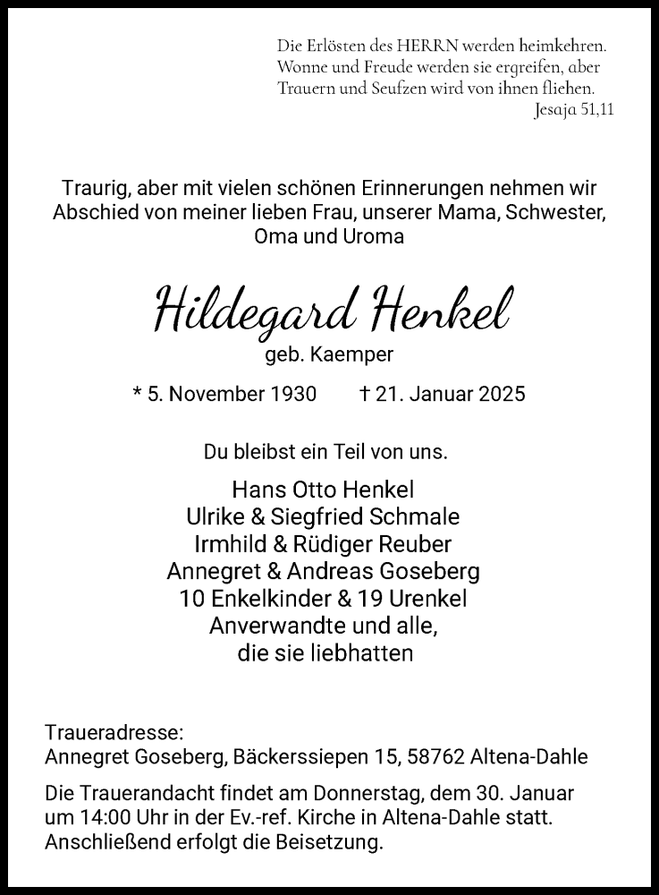  Traueranzeige für Hildegard Henkel vom 25.01.2025 aus WA
