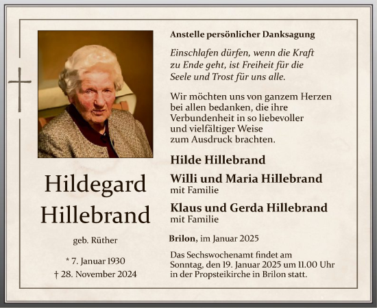 Traueranzeige von Hildegard Hillebrand von WA