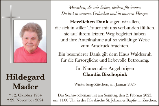 Traueranzeige von Hildegard Mader von WA