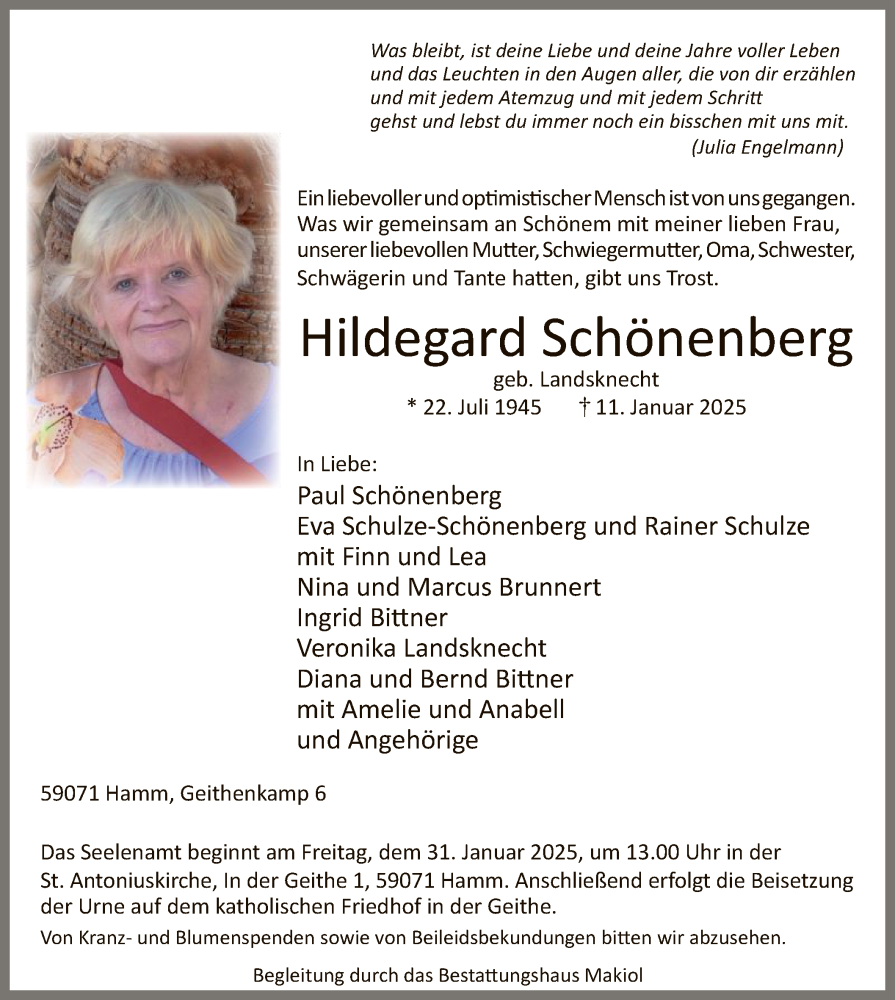  Traueranzeige für Hildegard Schönenberg vom 25.01.2025 aus WA