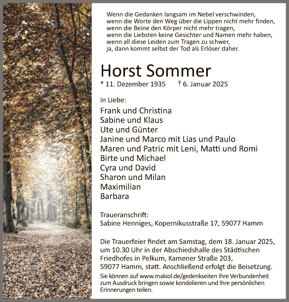 Traueranzeige für Horst Sommer vom 11.01.2025 aus WA