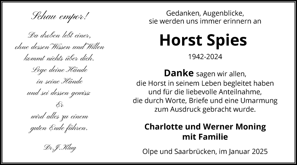  Traueranzeige für Horst Spies vom 25.01.2025 aus WA
