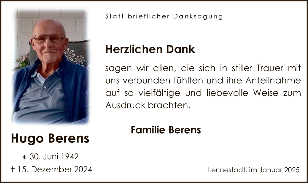  Traueranzeige für Hugo Berens vom 25.01.2025 aus WA