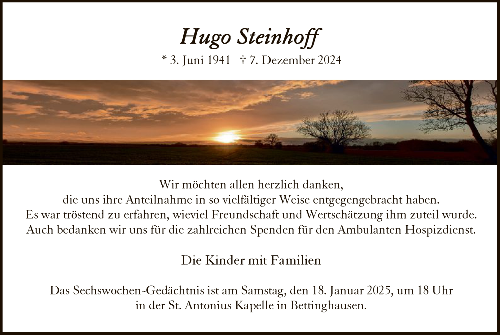  Traueranzeige für Hugo Steinhoff vom 11.01.2025 aus WA