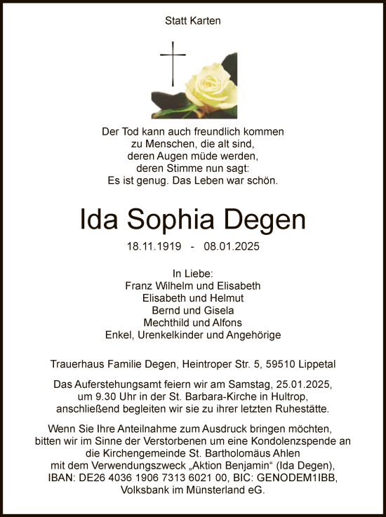 Traueranzeige von Ida Sophia Degen von WA