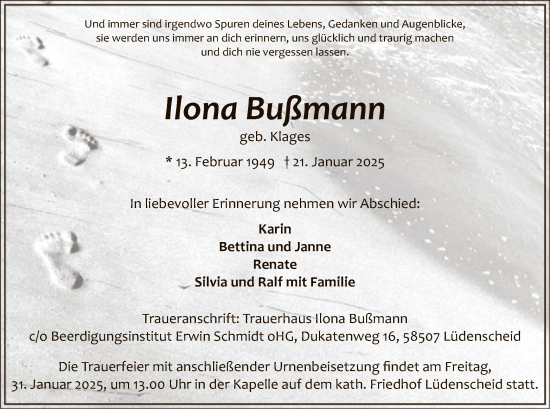 Traueranzeige von Ilona Bußmann von WA