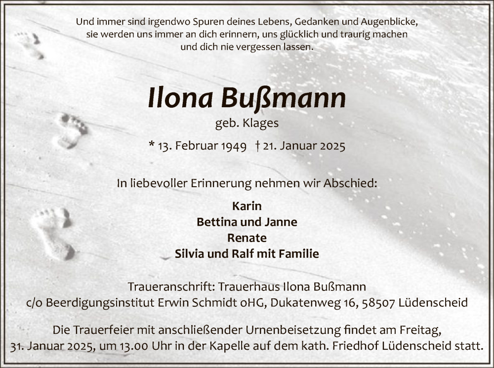  Traueranzeige für Ilona Bußmann vom 25.01.2025 aus WA
