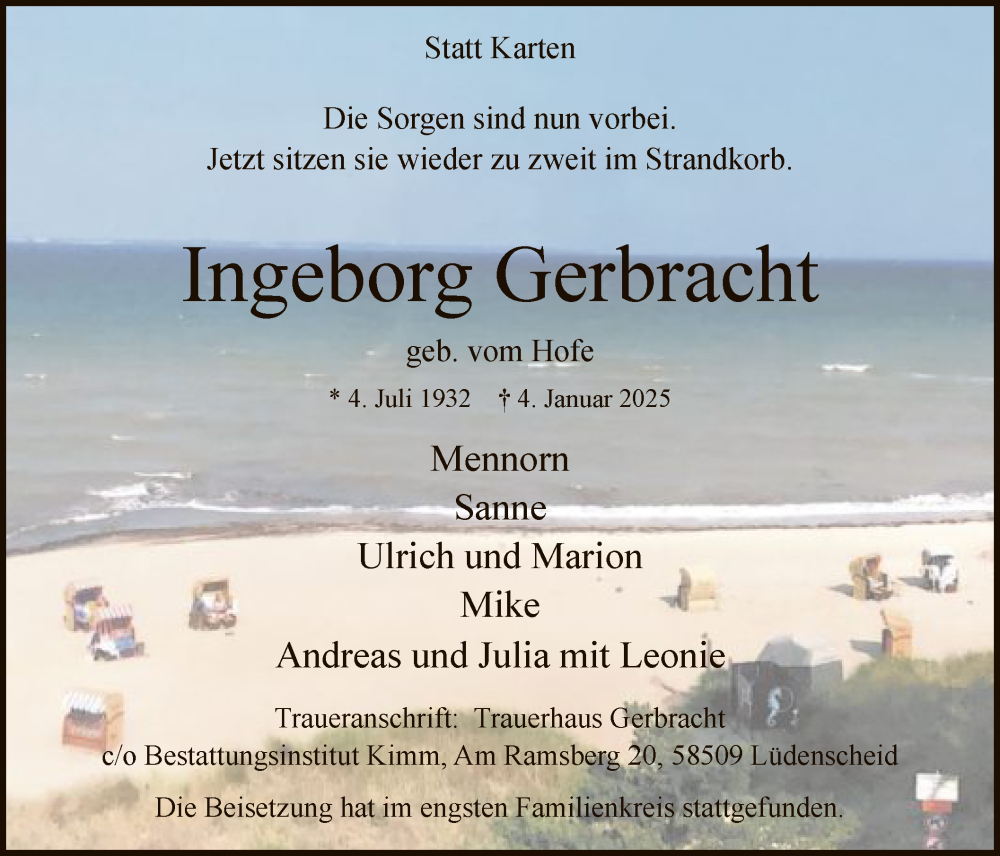  Traueranzeige für Ingeborg Gerbracht vom 11.01.2025 aus WA