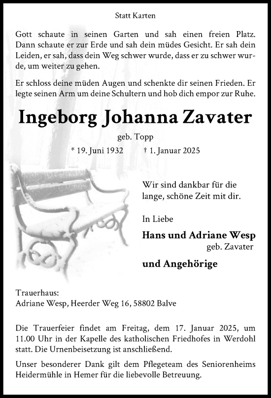 Traueranzeige von Ingeborg Johanna Zavater von WA