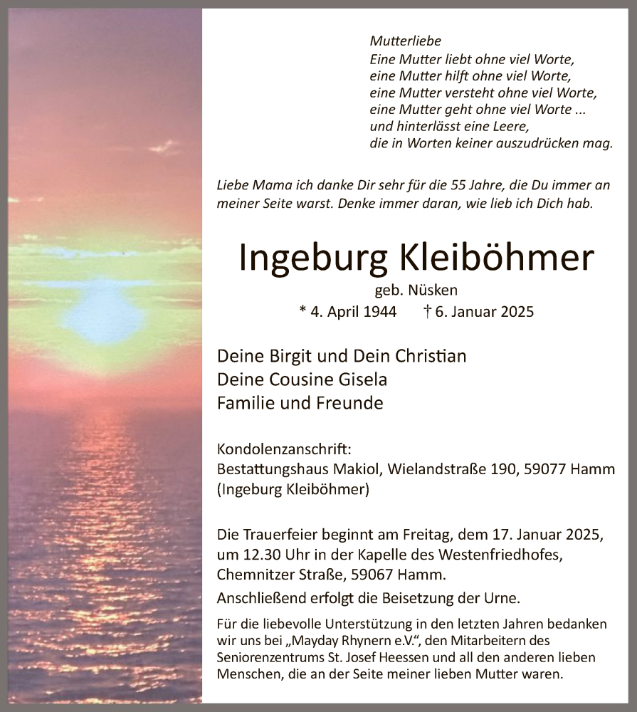  Traueranzeige für Ingeburg Kleiböhmer vom 11.01.2025 aus WA
