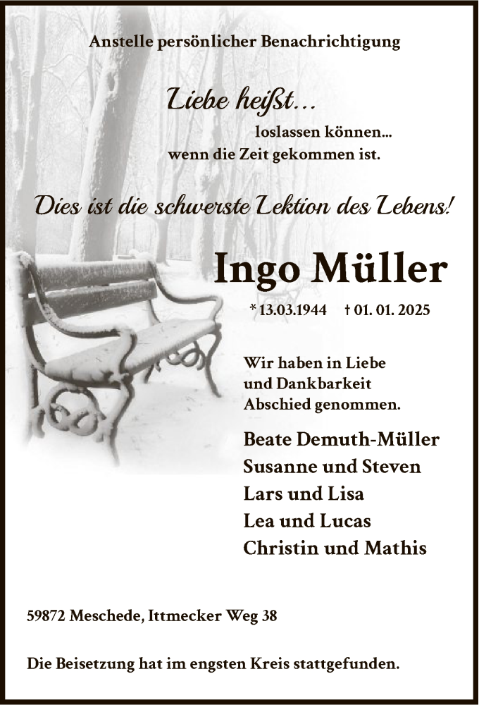 Traueranzeige für Ingo Müller vom 25.01.2025 aus WA