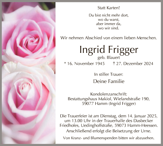 Traueranzeige von Ingrid Frigger von WA