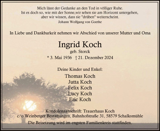 Traueranzeige von Ingrid Koch von WA