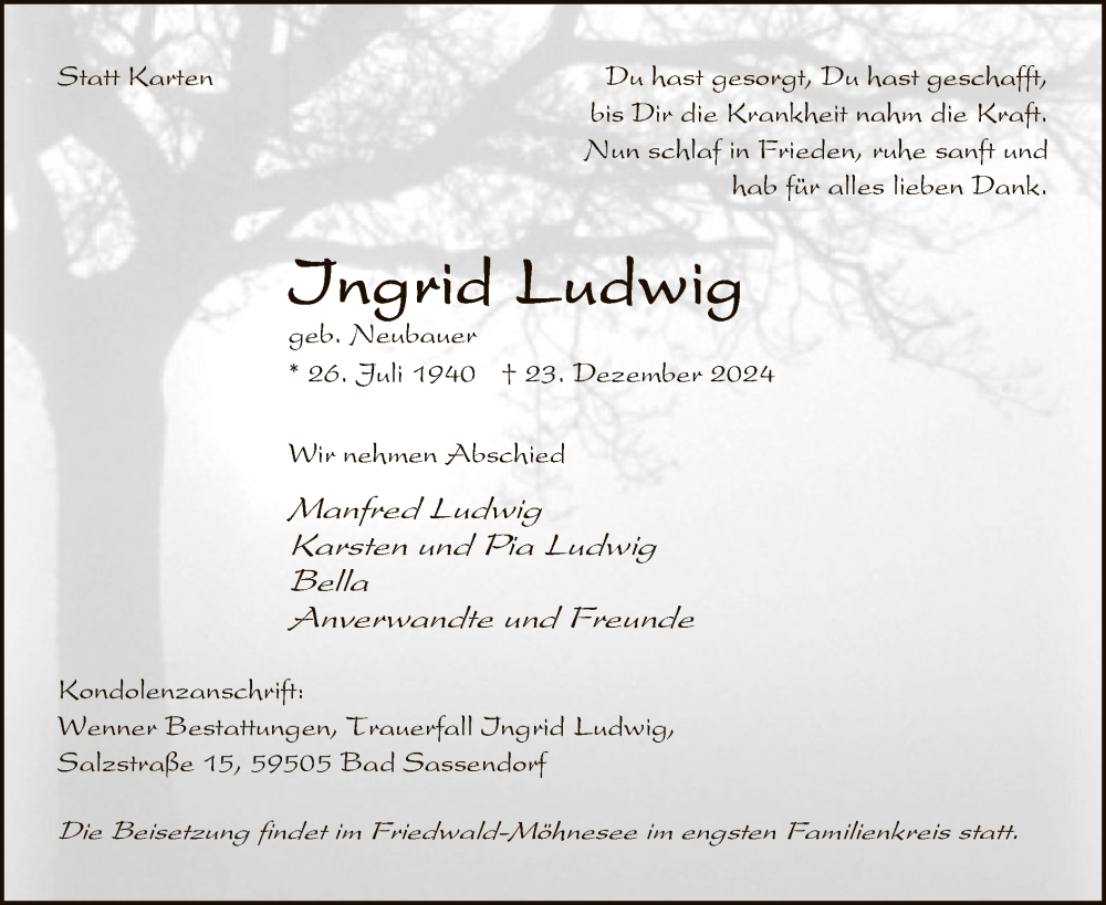  Traueranzeige für Ingrid Ludwig vom 11.01.2025 aus WA