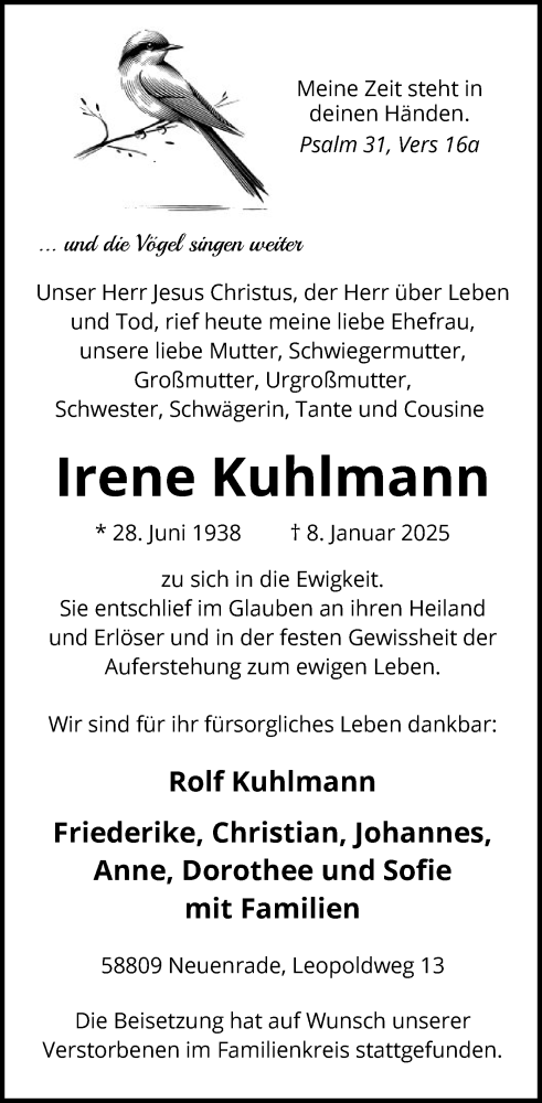 Traueranzeige von Irene Kuhlmann von WA